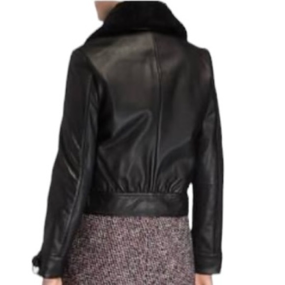 Maje Basara Leather Zip Front Shearling Collar Bomber Jacket, Size FR40 (US8) - Picture 3 of 7